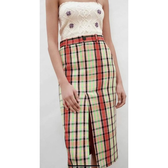 Zara EUC Structure Midi Tweed Checked Skirt Pencil Size S Pink Green - Picture 6 of 14
